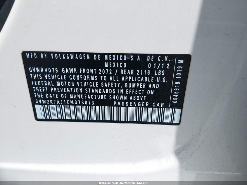 2012 Volkswagen Jetta 2.0L S VIN: 3VW2K7AJ1CM373873 Lot: 45687258