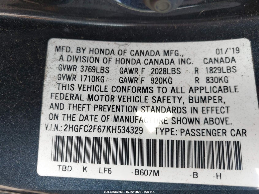 2019 HONDA CIVIC SEDAN 2.0L I-4 DOHC, VVT, 158HP