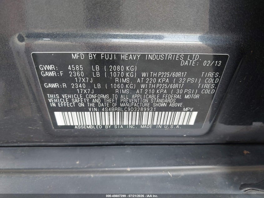 2013 Subaru Outback 2.5I Limited VIN: 4S4BRBLC9D3289931 Lot: 45687299