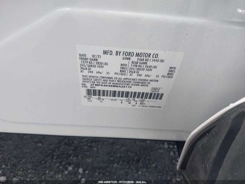 2021 Ford Edge Titanium VIN: 2FMPK4K98MBA28110 Lot: 45687325