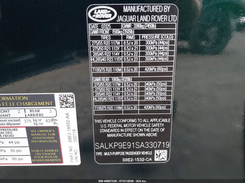 2025 Land Rover Range Rover P530 Se VIN: SALKP9E91SA330719 Lot: 45687339
