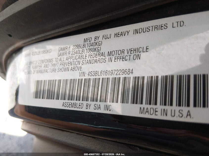 2009 Subaru Legacy 2.5I VIN: 4S3BL616197229684 Lot: 45687352