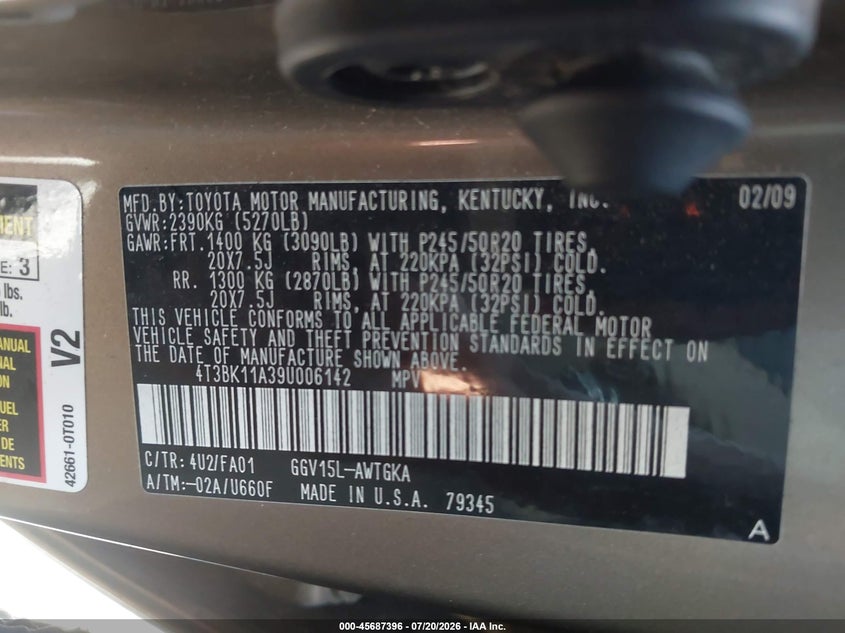 2009 Toyota Venza Base V6 VIN: 4T3BK11A39U006142 Lot: 45687396