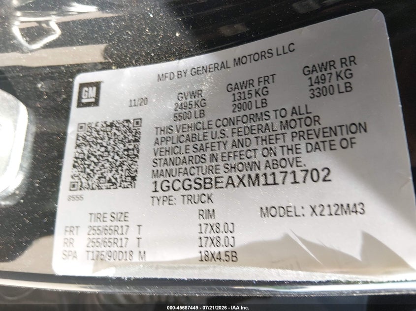 2021 Chevrolet Colorado 2Wd Short Box Wt VIN: 1GCGSBEAXM1171702 Lot: 45687449