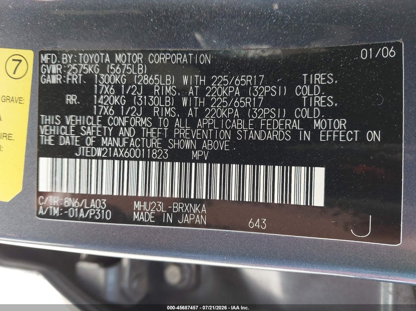 2006 Toyota Highlander Hybrid Limited V6 VIN: JTEDW21AX60011823 Lot: 45687457