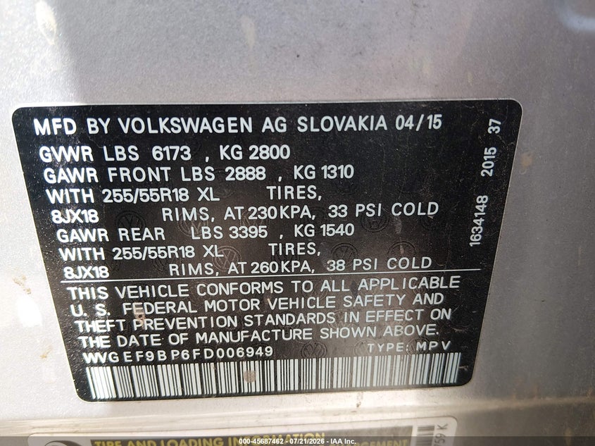 2015 Volkswagen Touareg V6 Sport VIN: WVGEF9BP6FD006949 Lot: 45687462
