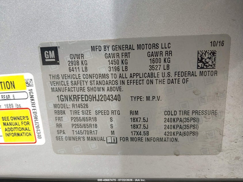 CHEVROLET TRAVERSE 2017 VIN 1GNKRFED9HJ204340
