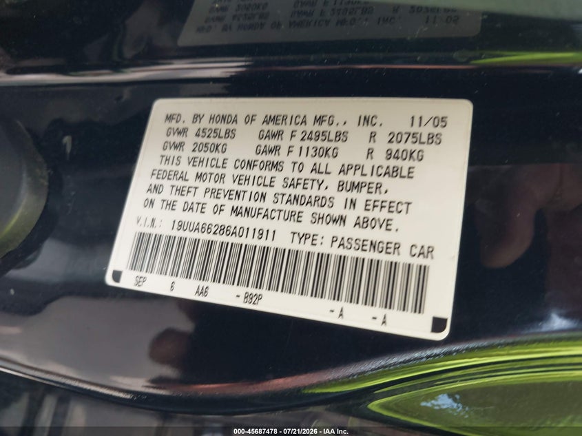 2006 Acura Tl VIN: 19UUA66286A011911 Lot: 45687478