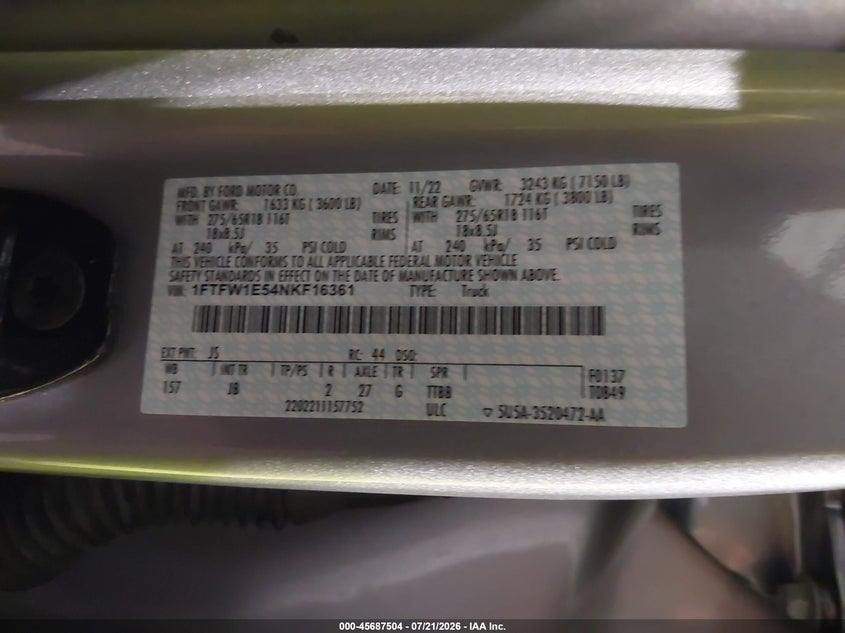 2022 Ford F-150 Xl VIN: 1FTFW1E54NKF16361 Lot: 45687504
