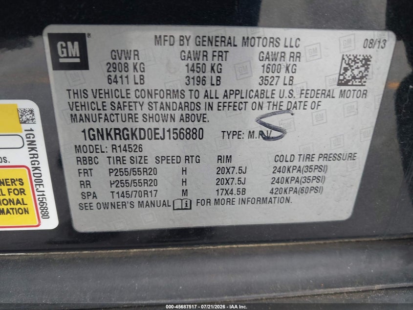 2014 Chevrolet Traverse Lt VIN: 1GNKRGKD0EJ156880 Lot: 45687517