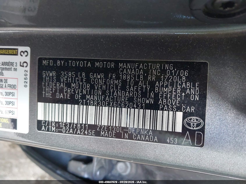 2006 TOYOTA COROLLA SEDAN 1.8L I-4 DOHC, VVT, 126HP