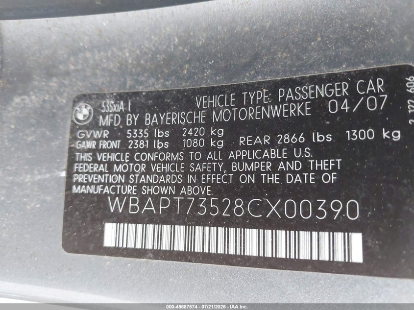 2008 BMW 535Xi VIN: WBAPT73528CX00390 Lot: 45687574