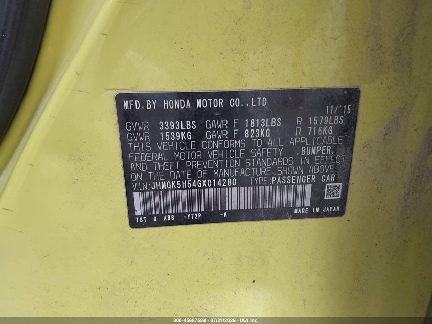 2016 Honda Fit Lx VIN: JHMGK5H54GX014280 Lot: 45687584