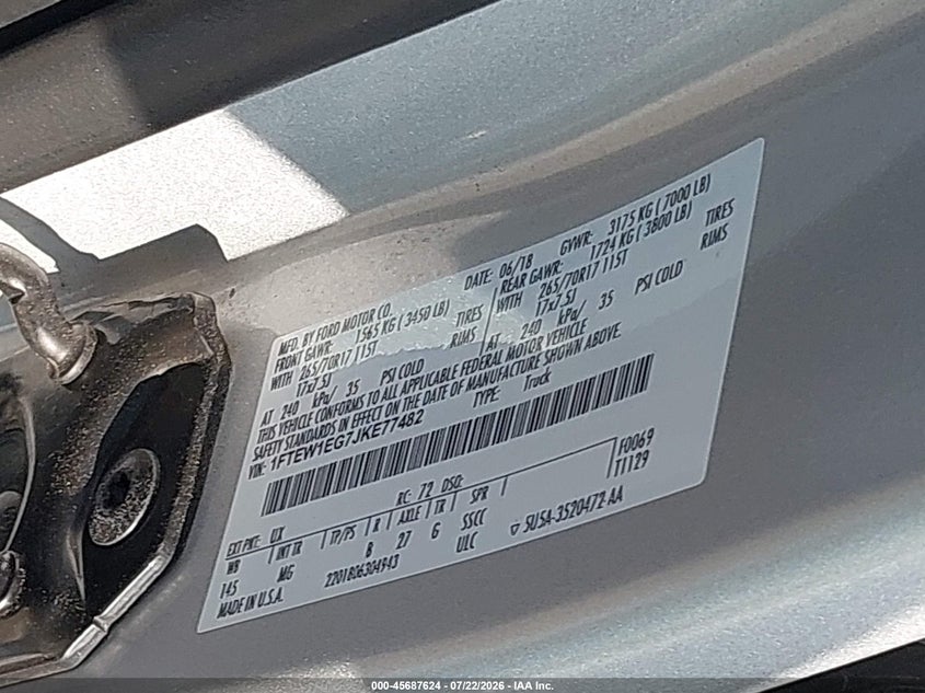 FORD F-150 2018 VIN 1FTEW1EG7JKE77482