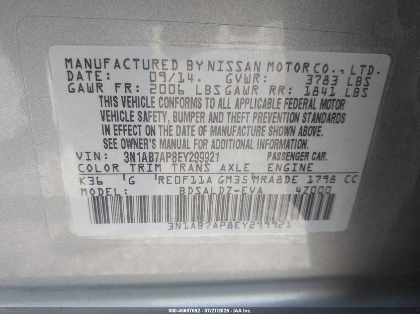2014 Nissan Sentra Sv VIN: 3N1AB7AP8EY299921 Lot: 45687692