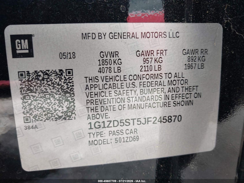 2018 Chevrolet Malibu Lt VIN: 1G1ZD5ST5JF245870 Lot: 45687709