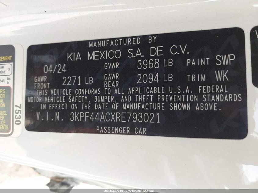 2024 Kia Forte Gt VIN: 3KPF44ACXRE793021 Lot: 45687740