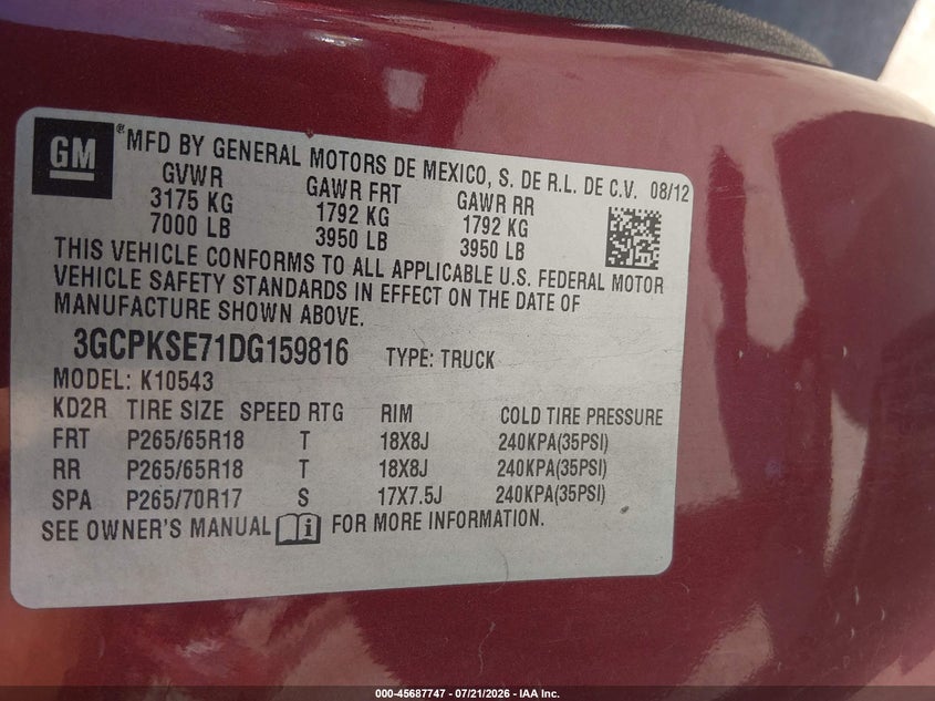 2013 Chevrolet Silverado 1500 Lt VIN: 3GCPKSE71DG159816 Lot: 45687747