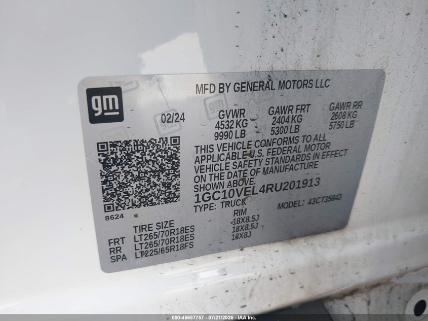 2024 Chevrolet Silverado Ev Work Truck VIN: 1GC10VEL4RU201913 Lot: 45687757