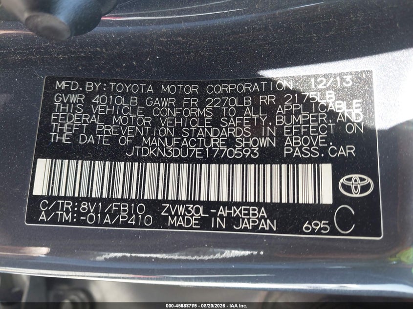 2014 TOYOTA PRIUS HATCHBACK 1.8L I-4 DOHC, VVT, 98HP
