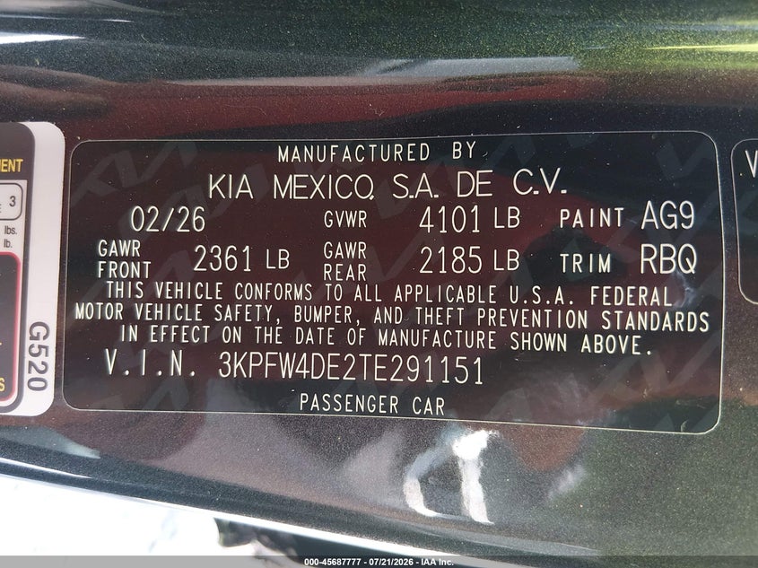 2026 Kia K4 Gt-Line VIN: 3KPFW4DE2TE291151 Lot: 45687777