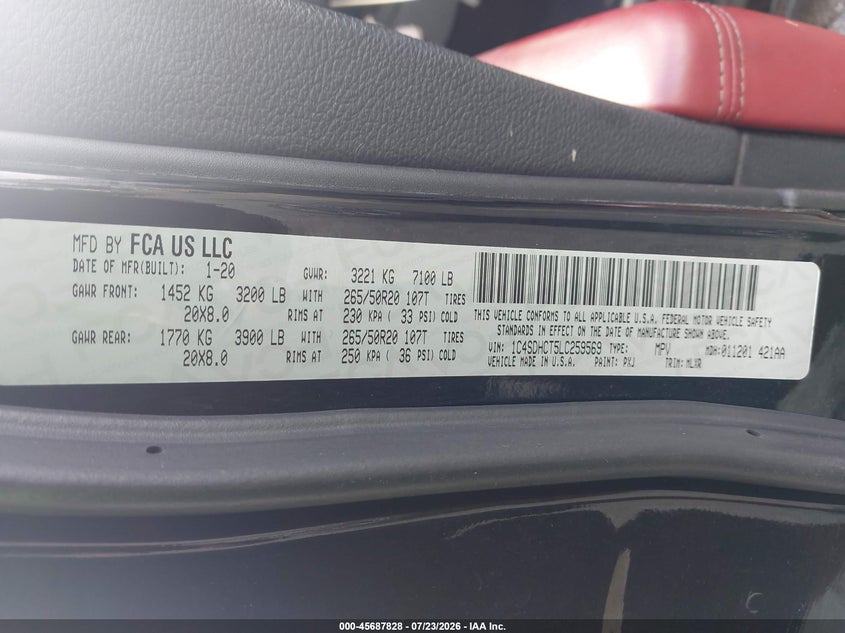DODGE DURANGO 2020 VIN 1C4SDHCT5LC259569