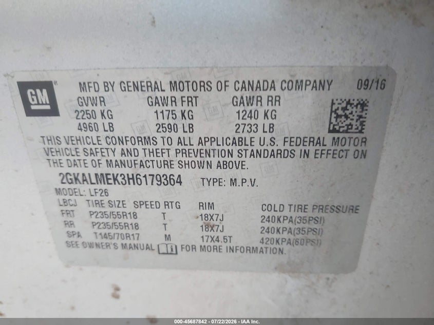 2017 GMC Terrain Sle-1 VIN: 2GKALMEK3H6179364 Lot: 45687842