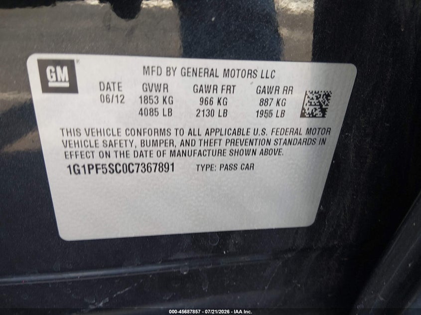 2012 Chevrolet Cruze 1Lt VIN: 1G1PF5SC0C7367891 Lot: 45687857