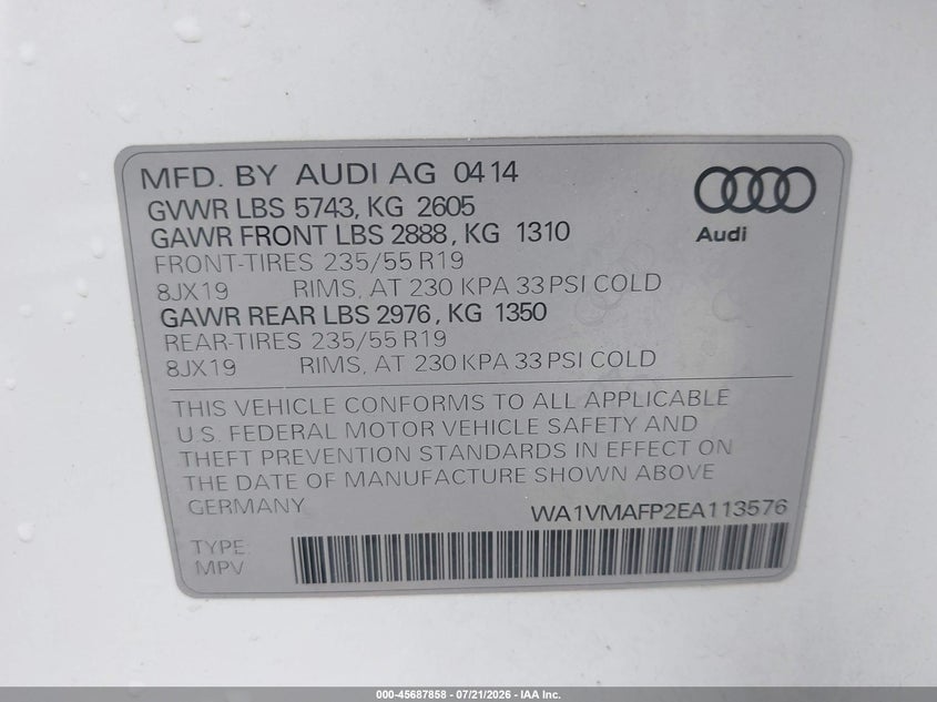 2014 Audi Q5 3.0 Tdi Premium Plus VIN: WA1VMAFP2EA113576 Lot: 45687858