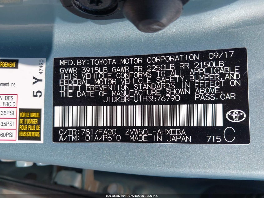 2017 Toyota Prius Two VIN: JTDKBRFU1H3576790 Lot: 45687861