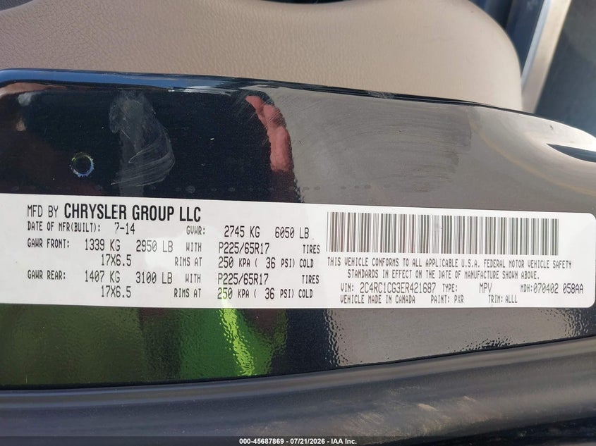 2014 Chrysler Town & Country Touring-L VIN: 2C4RC1CG3ER421687 Lot: 45687869