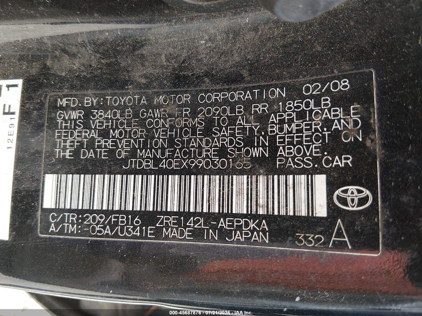 2009 Toyota Corolla VIN: JTDBL40EX99030165 Lot: 45687876