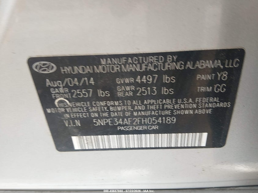 HYUNDAI SONATA 2015 VIN 5NPE34AF2FH054189