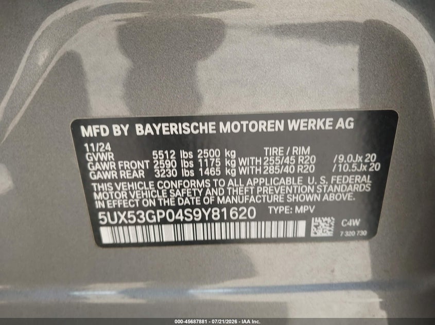 2025 BMW X3 30 xDrive VIN: 5UX53GP04S9Y81620 Lot: 45687881