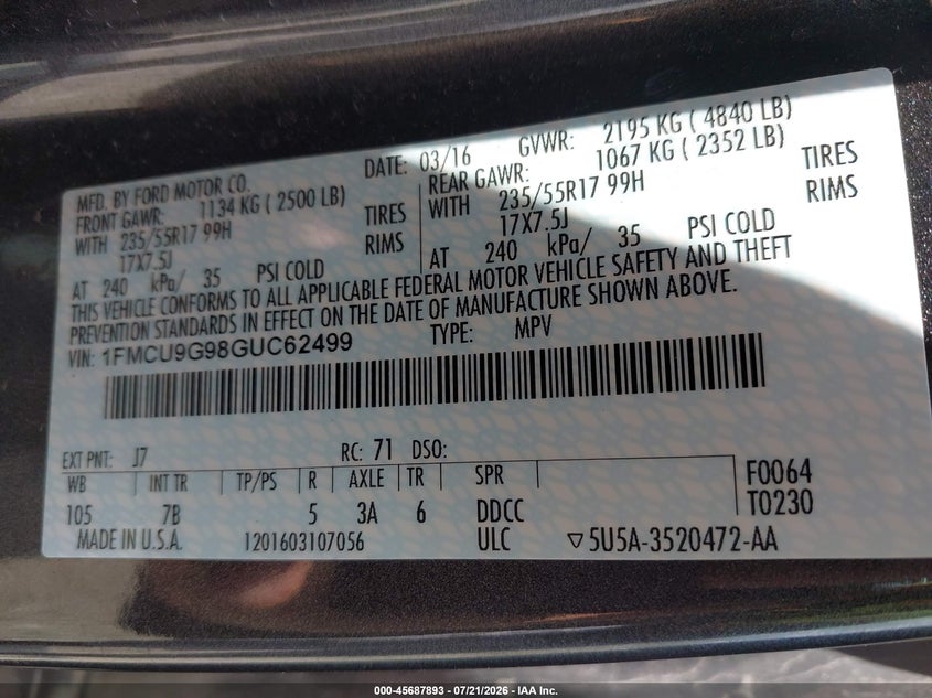 2016 Ford Escape Se VIN: 1FMCU9G98GUC62499 Lot: 45687893