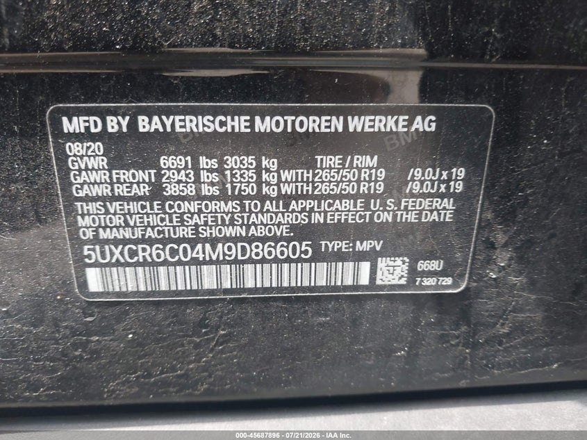 2021 BMW X5 xDrive40I VIN: 5UXCR6C04M9D86605 Lot: 45687896