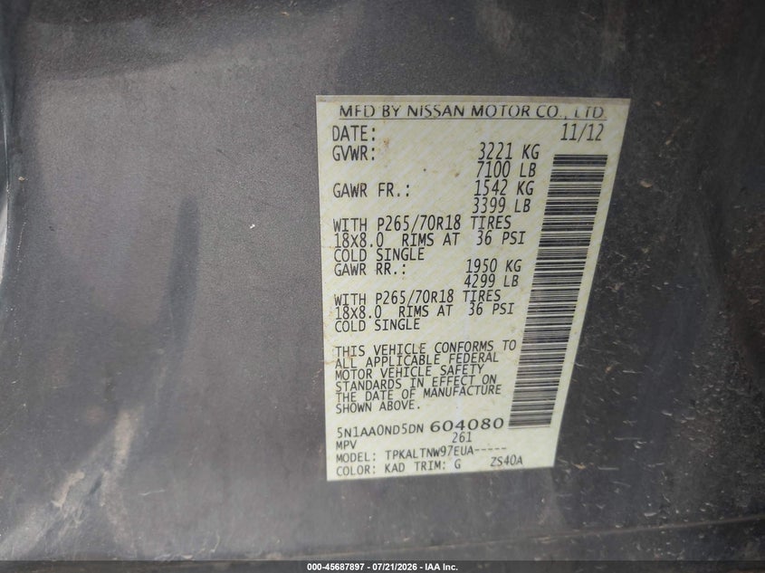 2013 Nissan Armada Sv VIN: 5N1AA0ND5DN604080 Lot: 45687897