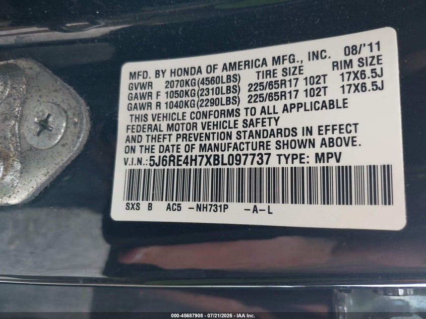 2011 Honda Cr-V Ex-L VIN: 5J6RE4H7XBL097737 Lot: 45687908