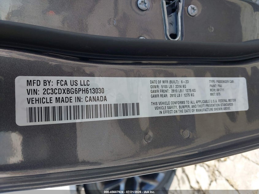 2023 Dodge Charger Sxt VIN: 2C3CDXBG6PH613030 Lot: 45687924