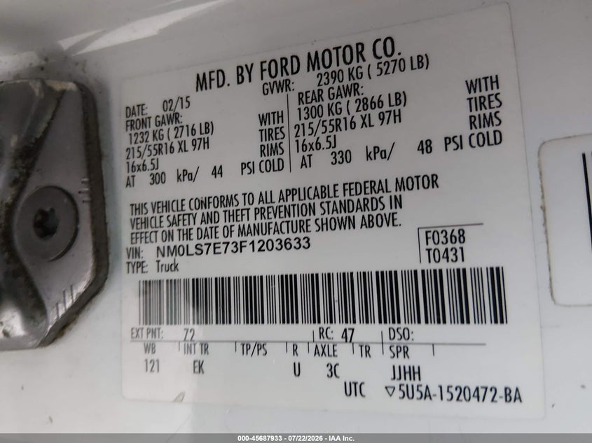 Vin: nm0ls7e73f1203633, lot: 46186540, ford transit connect xl 20154
