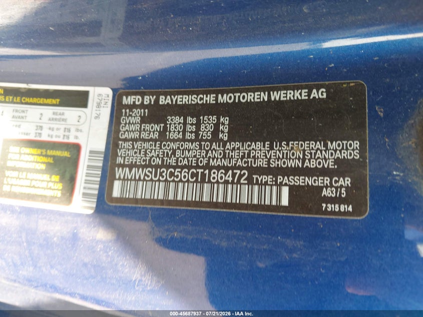 2012 Mini Cooper VIN: WMWSU3C56CT186472 Lot: 45687937