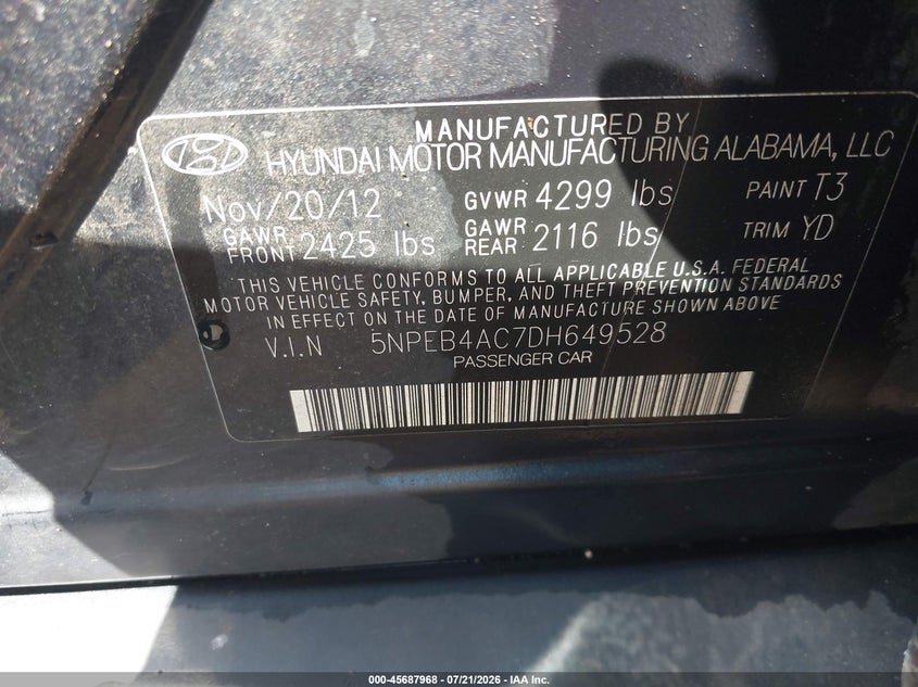 2013 Hyundai Sonata Gls VIN: 5NPEB4AC7DH649528 Lot: 45687968