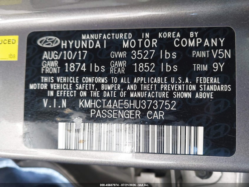 2017 Hyundai Accent Se VIN: KMHCT4AE5HU373752 Lot: 45687974