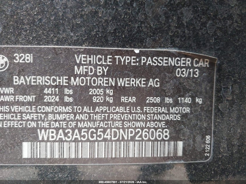 2013 BMW 328I VIN: WBA3A5G54DNP26068 Lot: 45687981