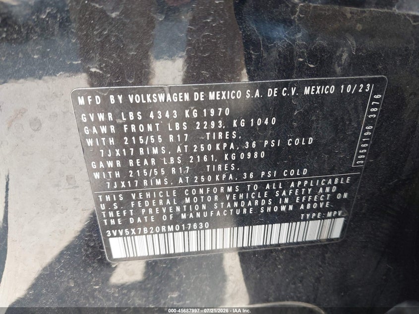 2024 Volkswagen Taos 1.5T S VIN: 3VV5X7B20RM017630 Lot: 45687997