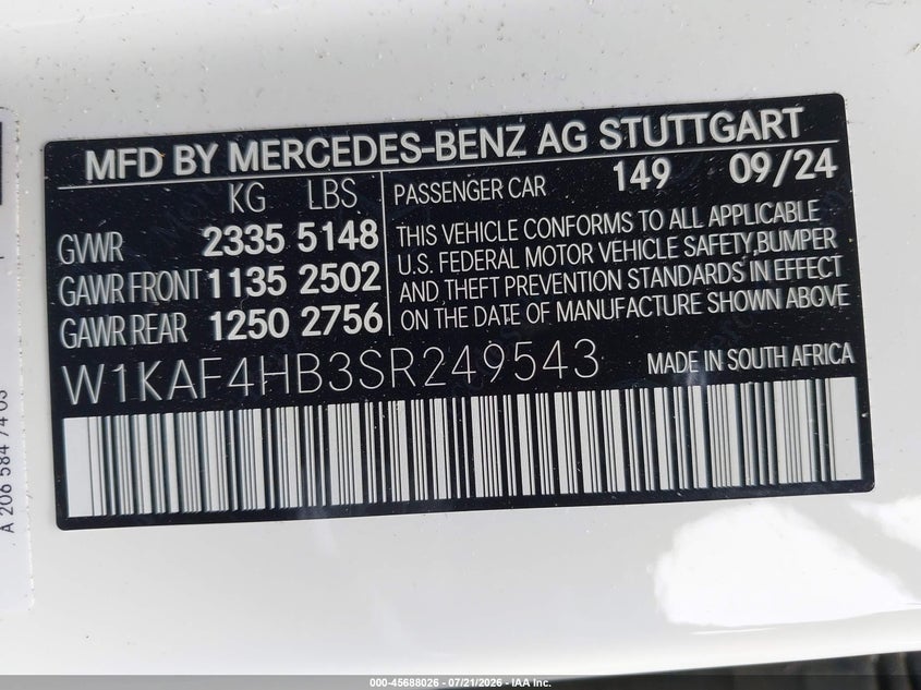 2025 Mercedes-Benz C 300 VIN: W1KAF4HB3SR249543 Lot: 45688026