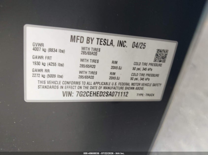 TESLA CYBERTRUCK 2025 VIN 7G2CEHED2SA071112