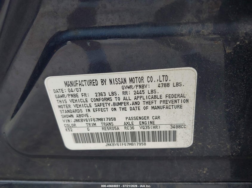 2007 Infiniti G35X VIN: JNKBV61F67M817958 Lot: 45688051