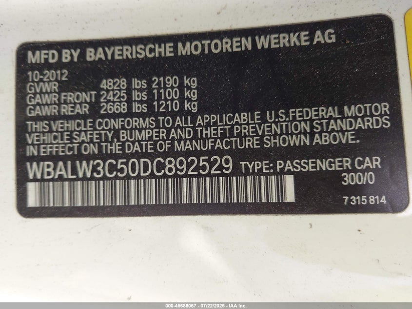 2013 BMW 640I VIN: WBALW3C50DC892529 Lot: 45688067