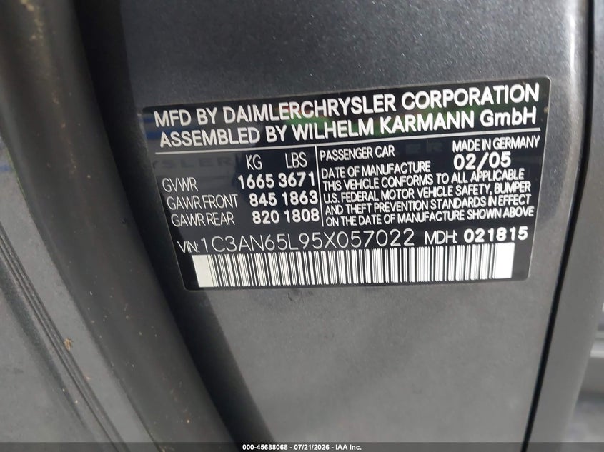 2005 Chrysler Crossfire Limited VIN: 1C3AN65L95X057022 Lot: 45688068